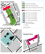 Conference rooms maps: KCL Strand Campus, Maughan Library, and Drury Lane